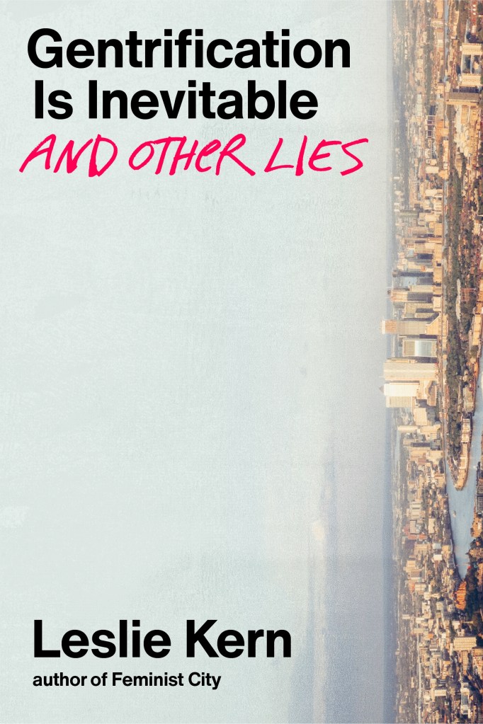 Cover of the English edition of Gentrification is Inevitable and other lies. Cover image is a vertically-oriented picture of a city skyline with a hazy light blue sky.